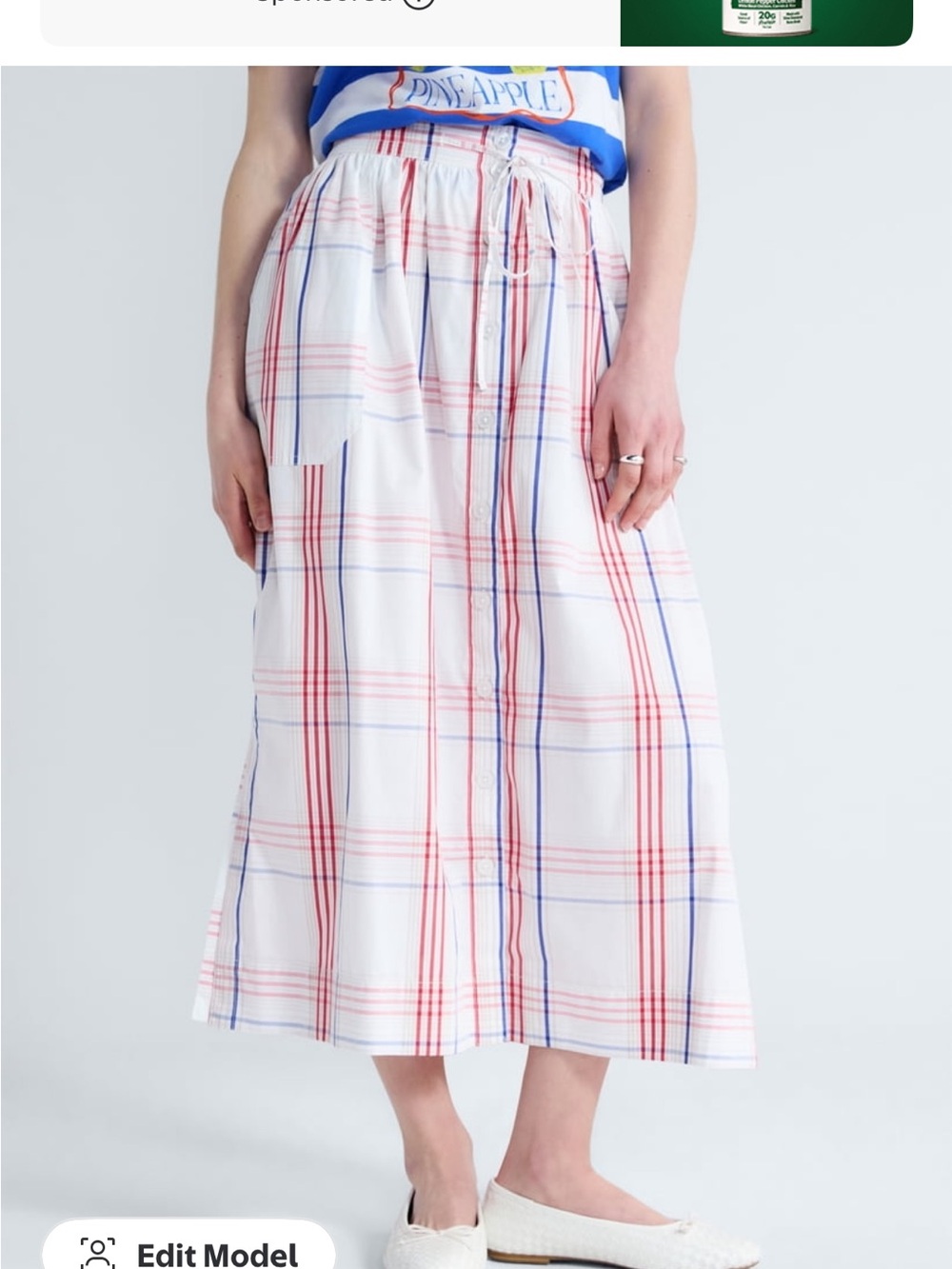 White Plaid Maxi Skirt with Red & Blue Stripes